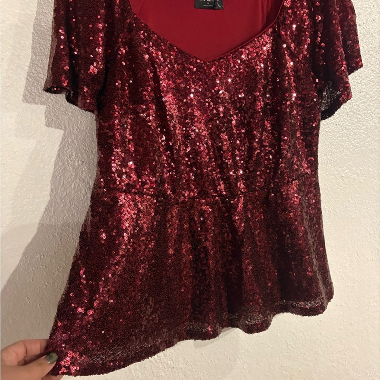 Lane Bryant Burgundy Red Sequin Short Sleeve Scoop Neck Top