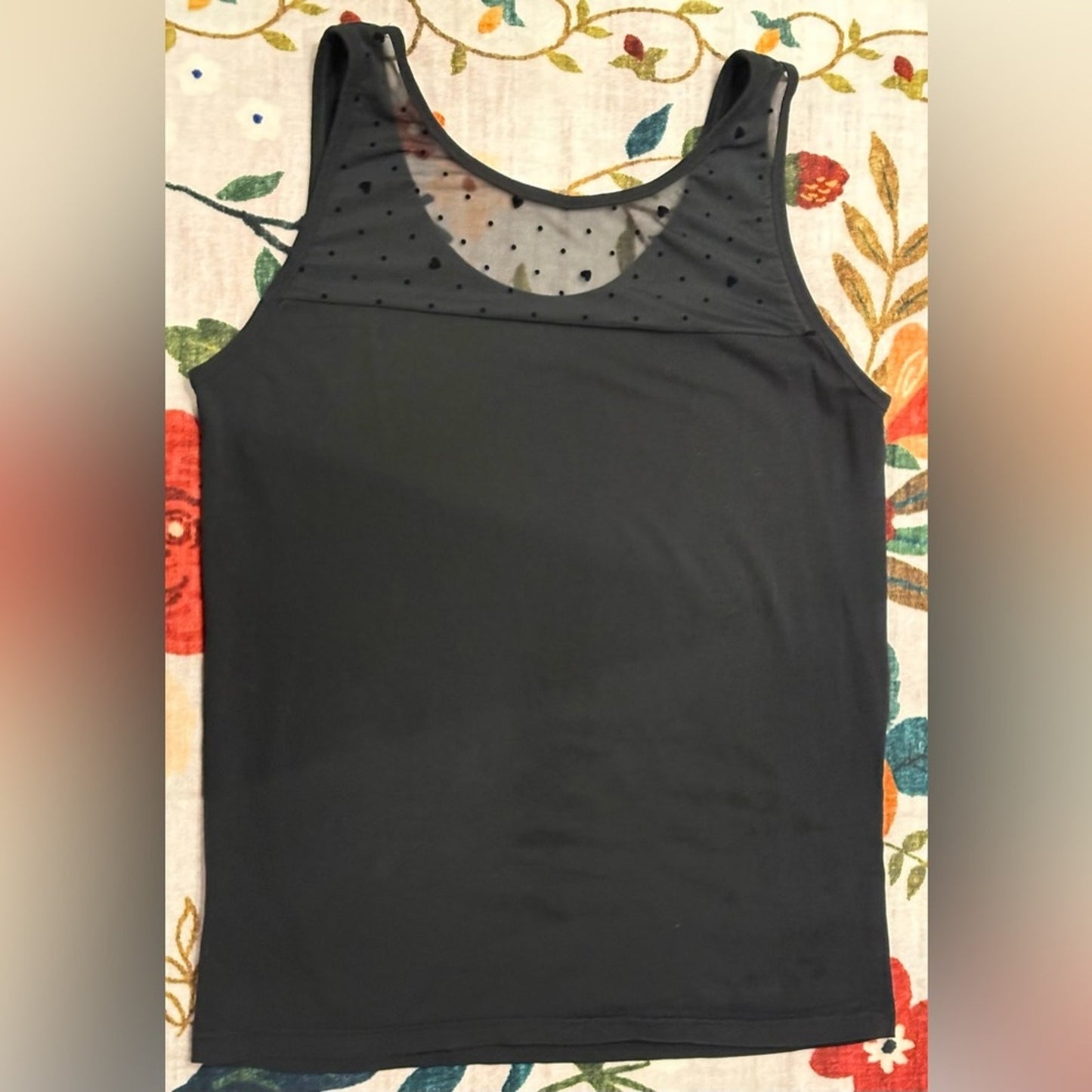 Ulla Popken Black Sleeveless Tank with Sheer Polka-Dot Yoke