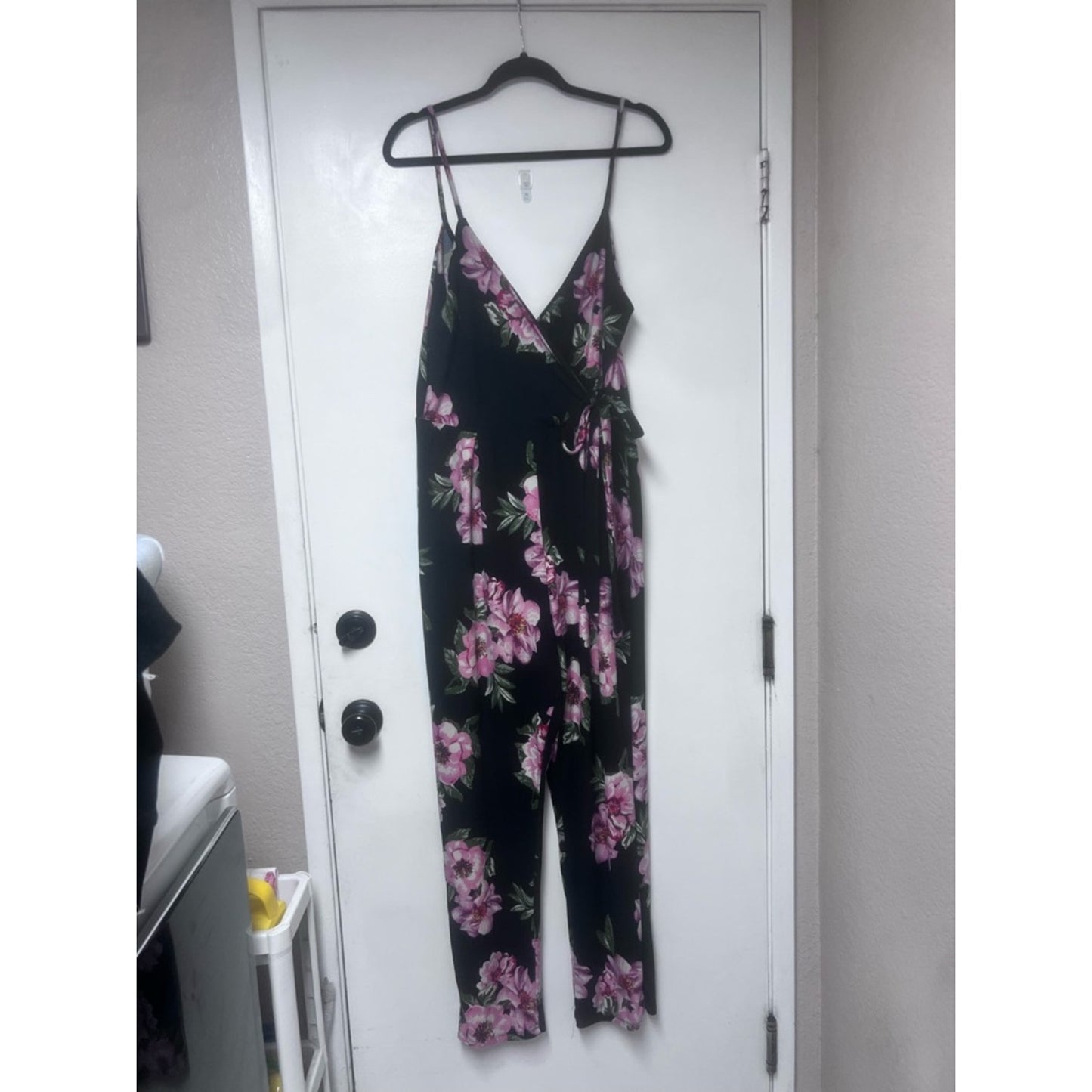Derek Heart Black Floral Wrap Jumpsuit with Pink Flowers