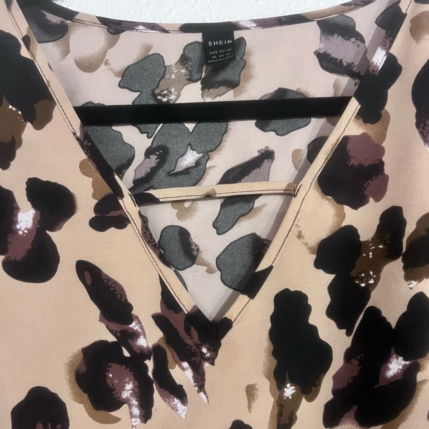 SHEIN Beige Leopard Print V-Neck Blouse with Black and Brown Spots
