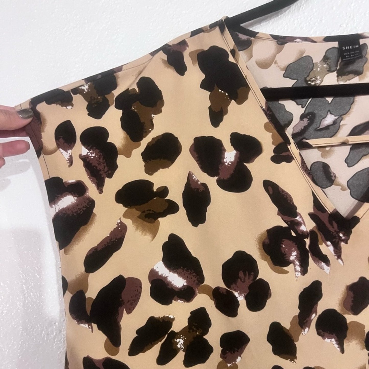 SHEIN Beige Leopard Print V-Neck Blouse with Black and Brown Spots