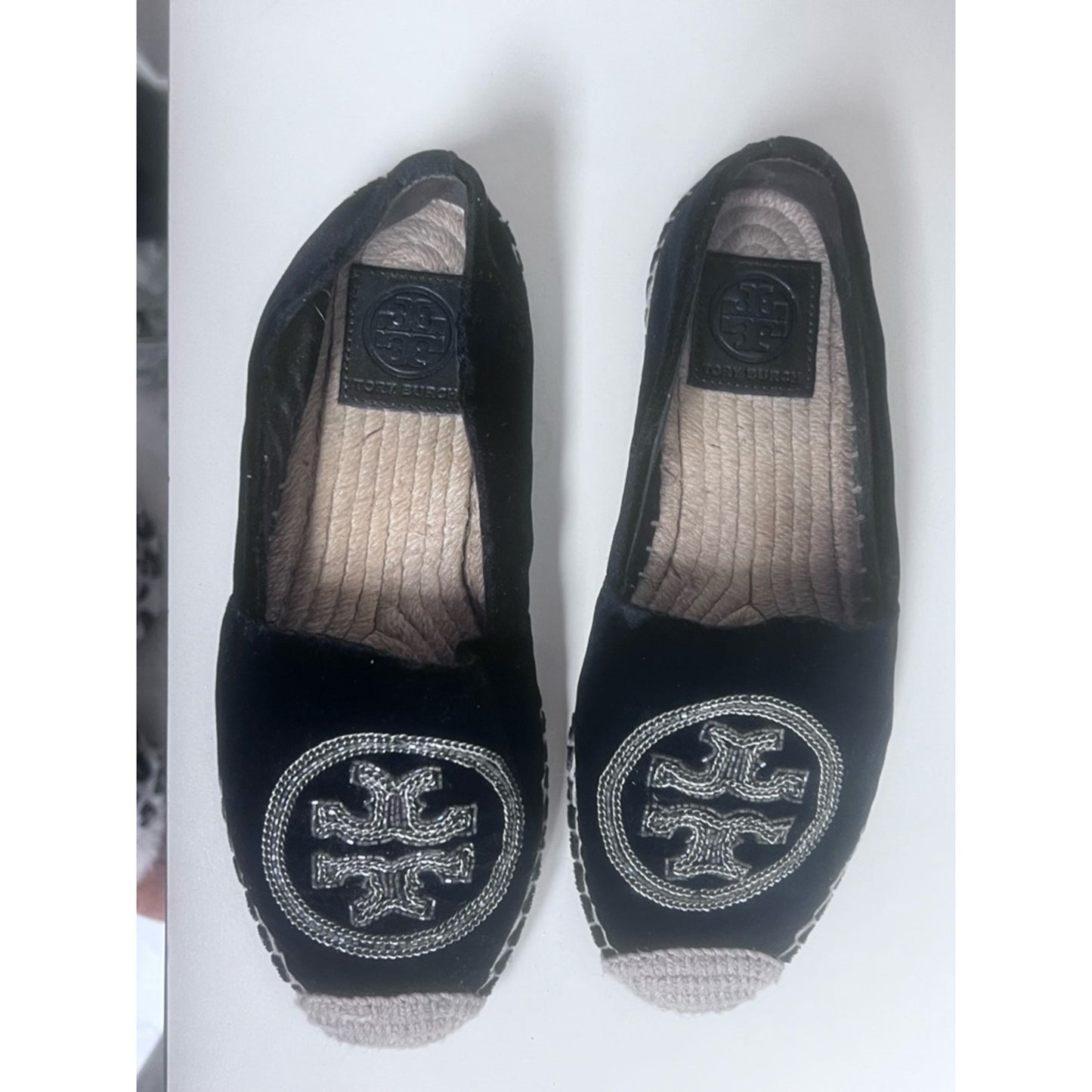 Tory Burch Black Velvet Espadrille Flats with Silver Logo Embroidery