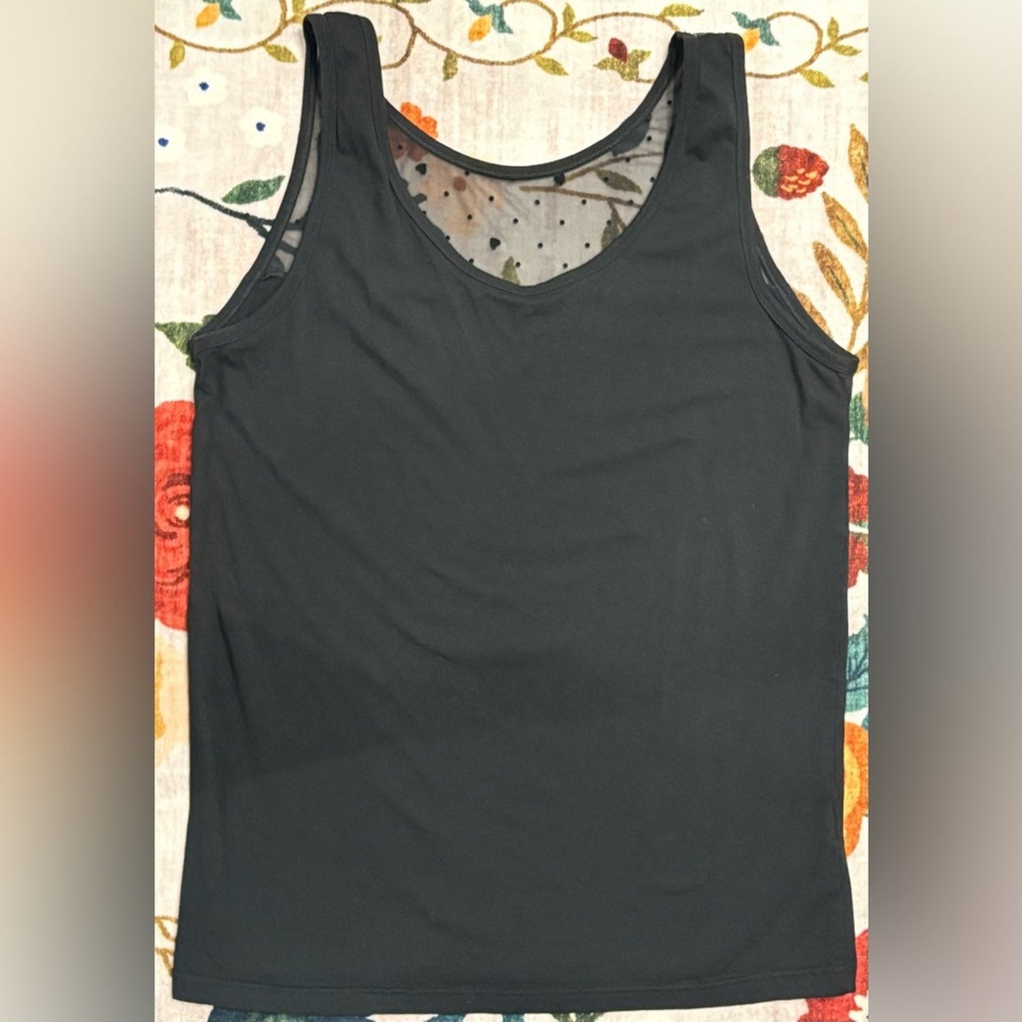Ulla Popken Black Sleeveless Tank with Sheer Polka-Dot Yoke