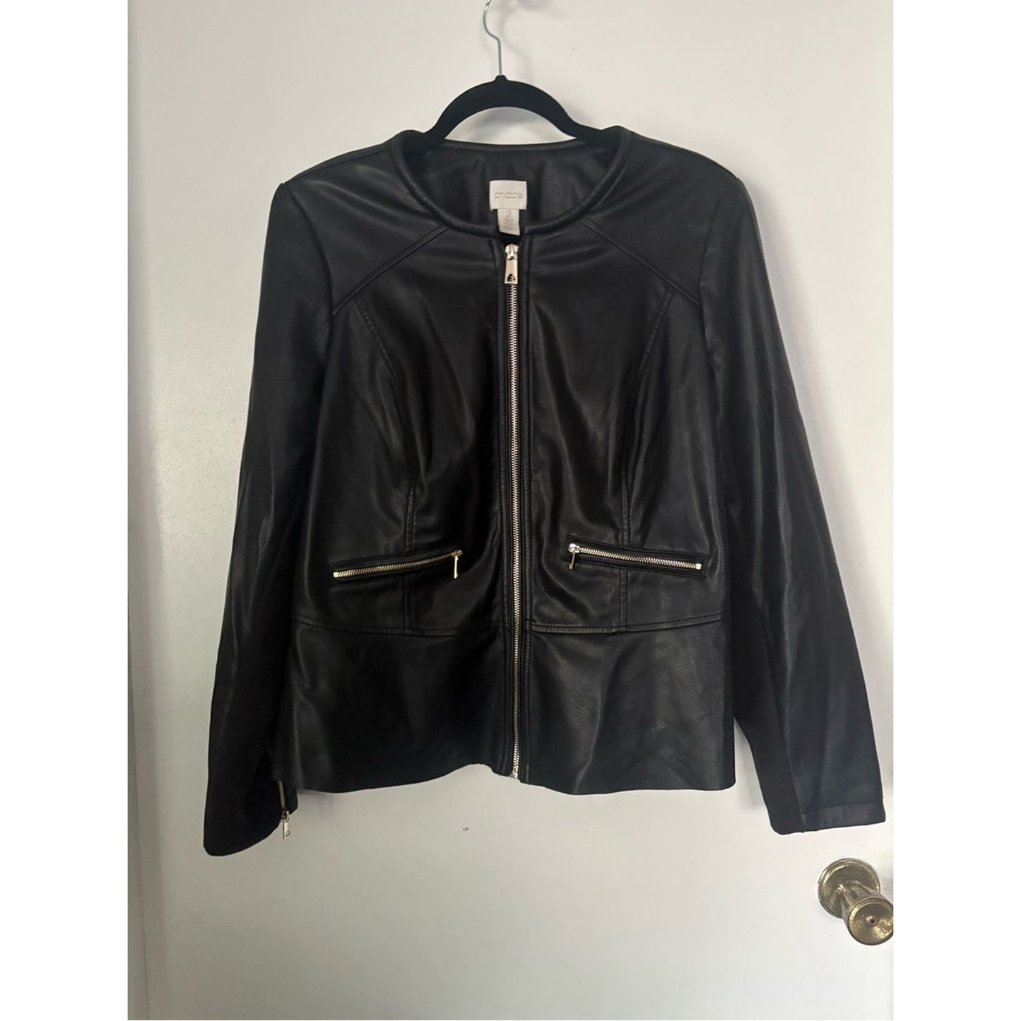 Chico's Black Faux Leather Zip-Front Jacket with Silver Hardware