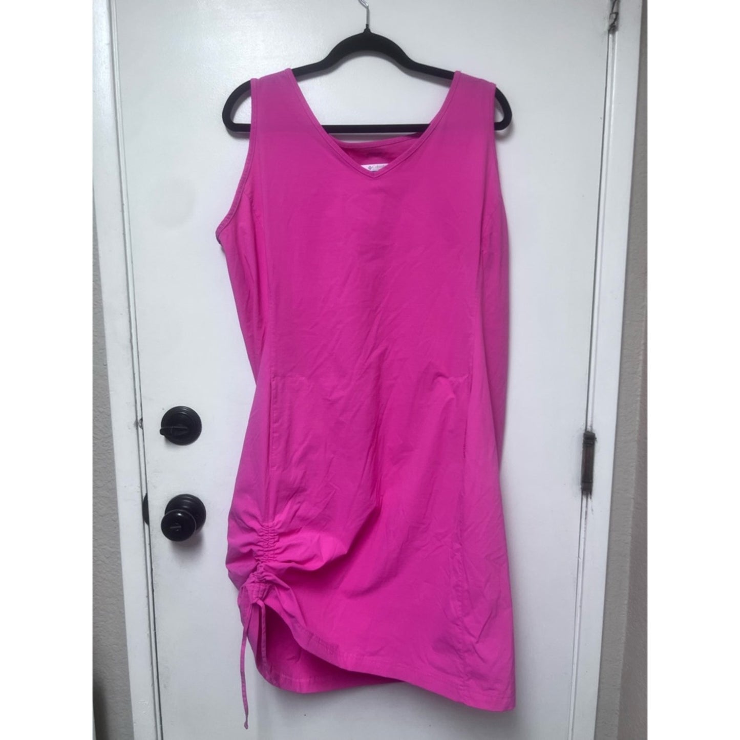 Columbia Fuchsia Sleeveless V-Neck Midi Dress with Side Ruched Tie