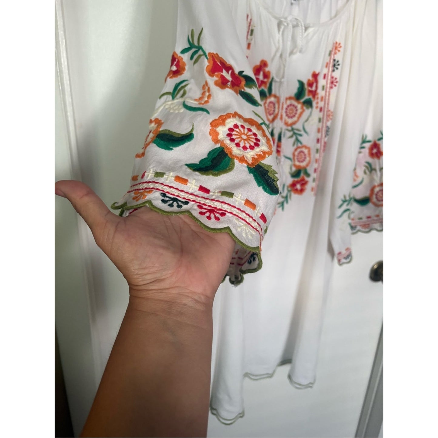 Source Unknown White Midi Dress with Red and Green Floral Embroidery