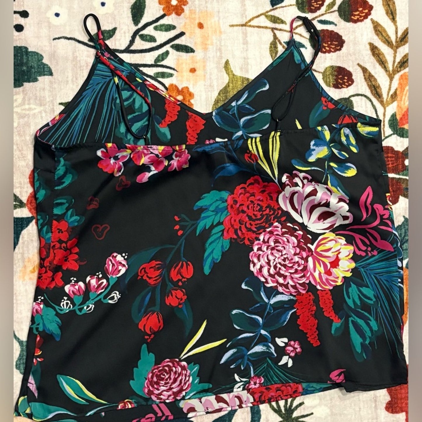stars above Black Floral V-Neck Cami with Multicolor Print