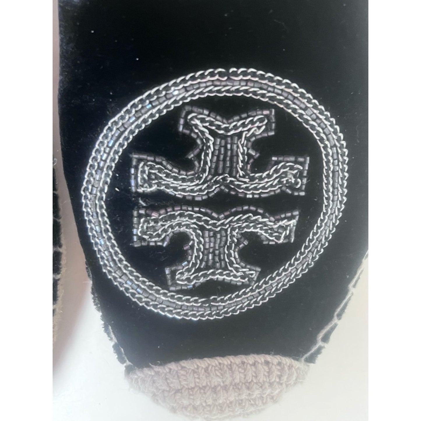 Tory Burch Black Velvet Espadrille Flats with Silver Logo Embroidery