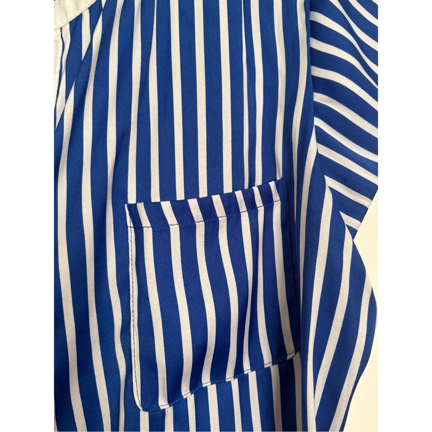 LC Lauren Conrad Blue and White Vertical Stripe Short Sleeve Blouse