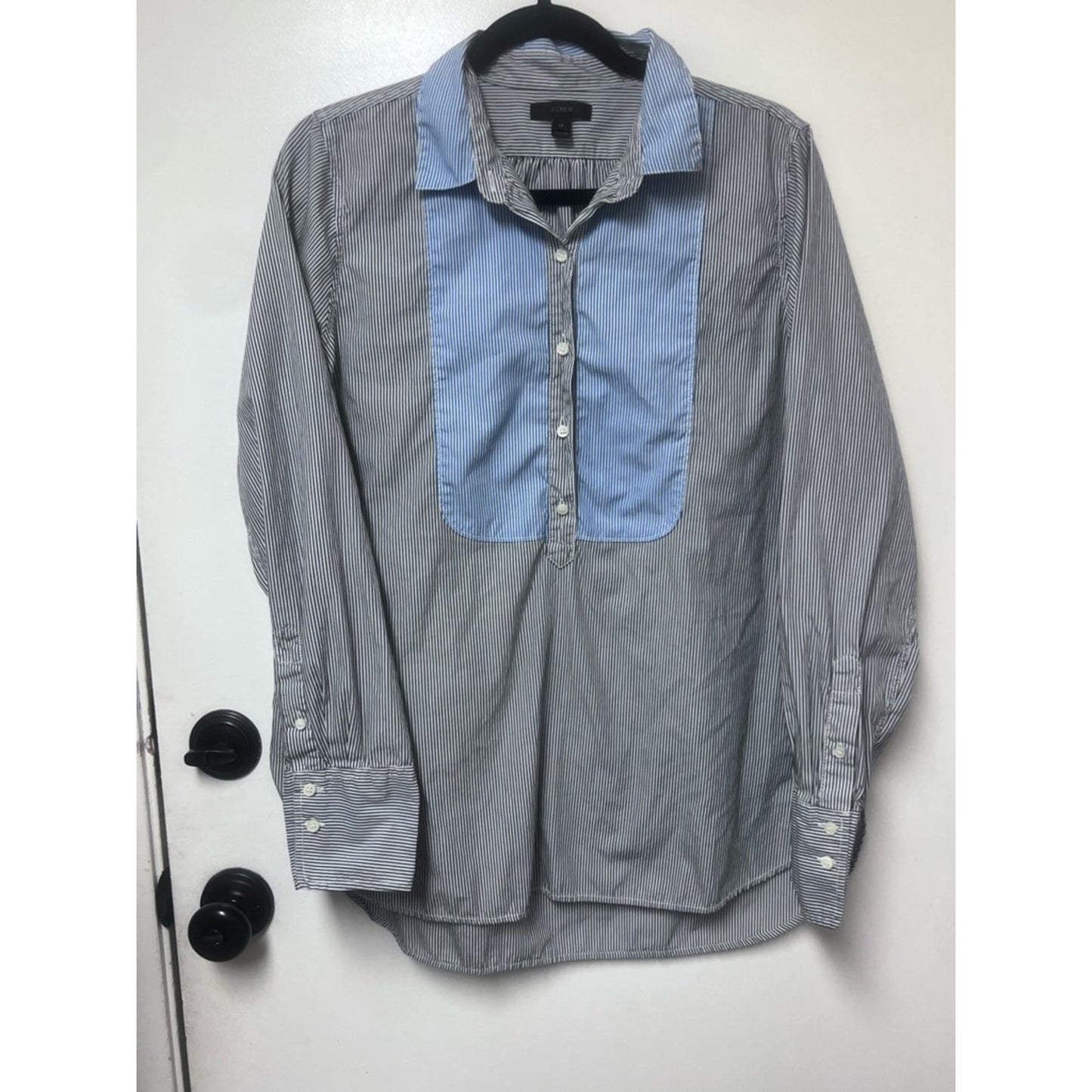 JCrew Blue and White Striped Button-Front Shirt with Blue Bib