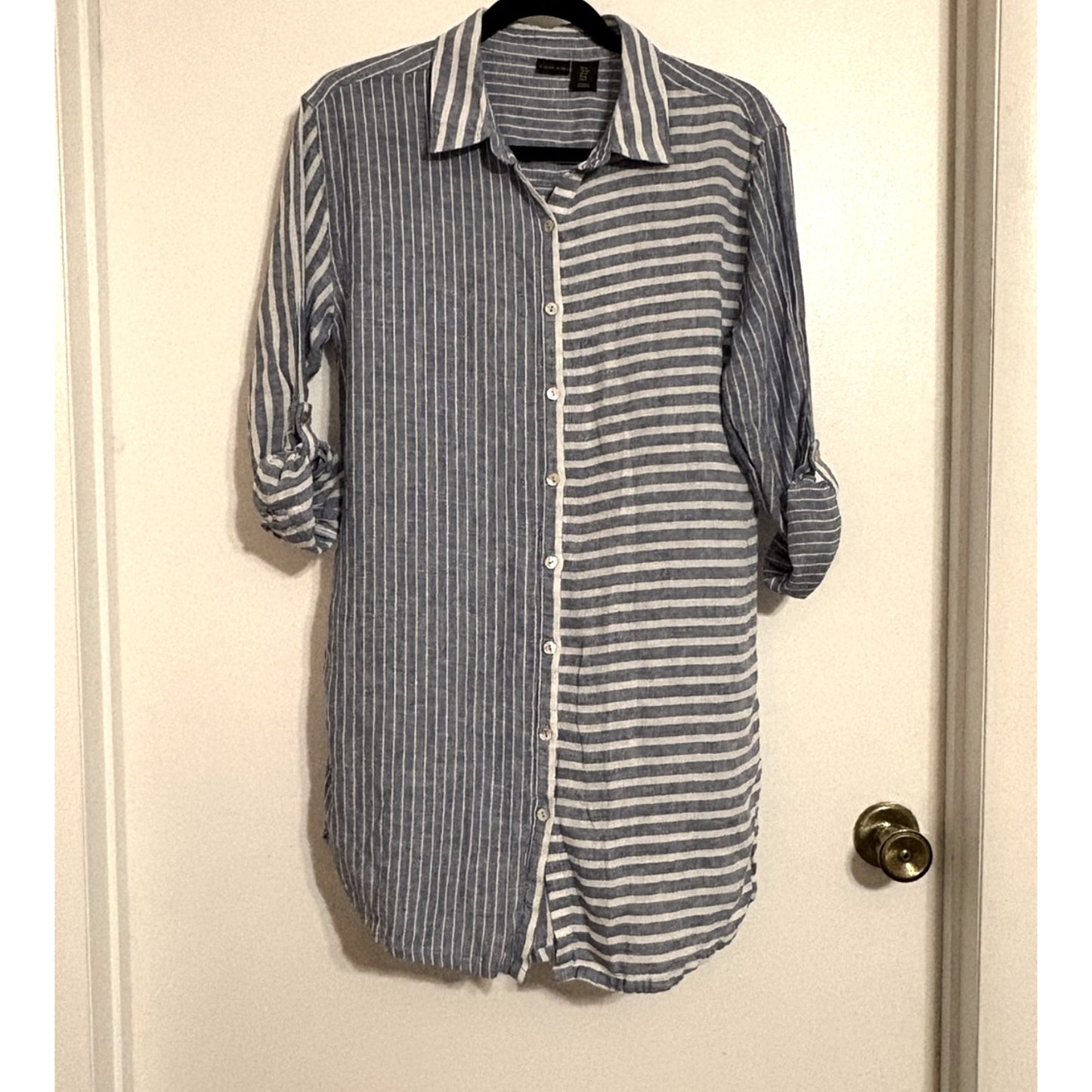 Tahari Blue and White Striped Button-Down Tunic