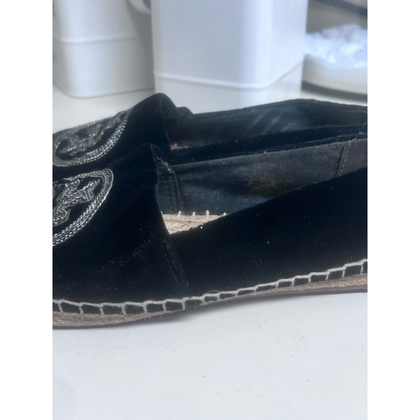Tory Burch Black Velvet Espadrille Flats with Silver Logo Embroidery