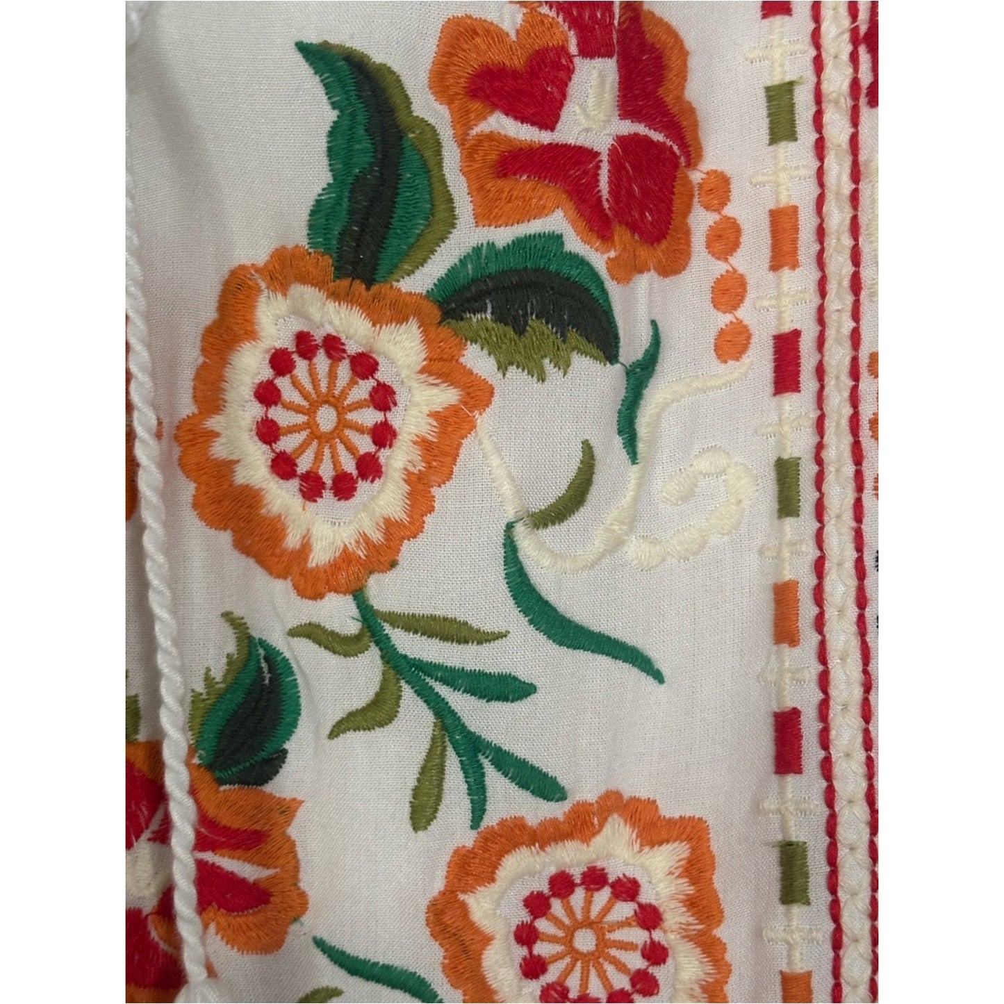 Source Unknown White Midi Dress with Red and Green Floral Embroidery