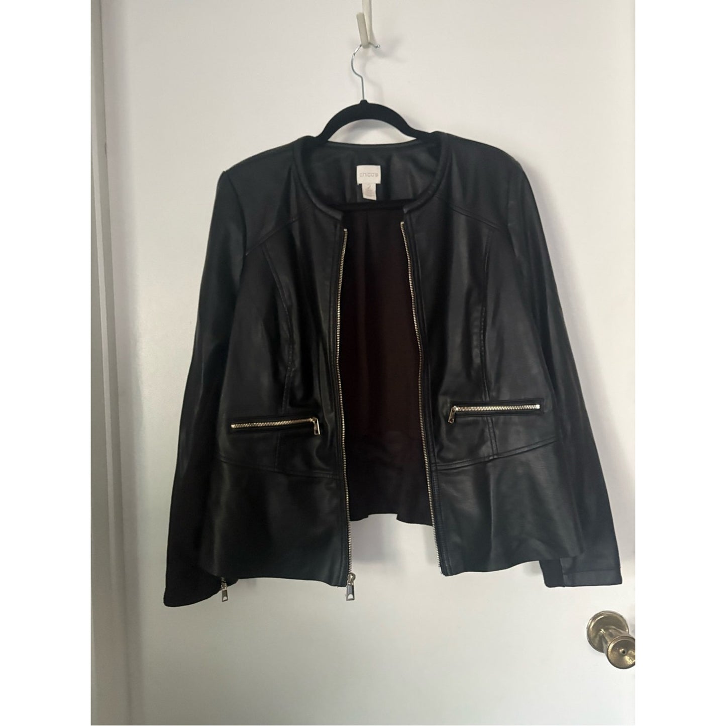 Chico's Black Faux Leather Zip-Front Jacket with Silver Hardware