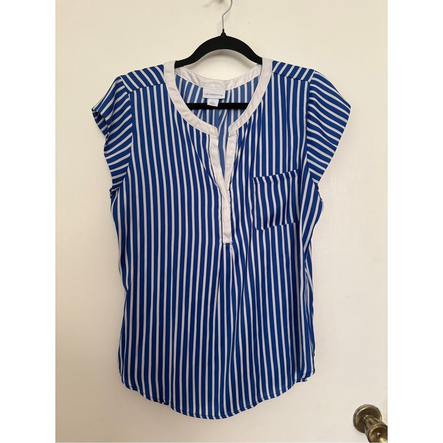 LC Lauren Conrad Blue and White Vertical Stripe Short Sleeve Blouse