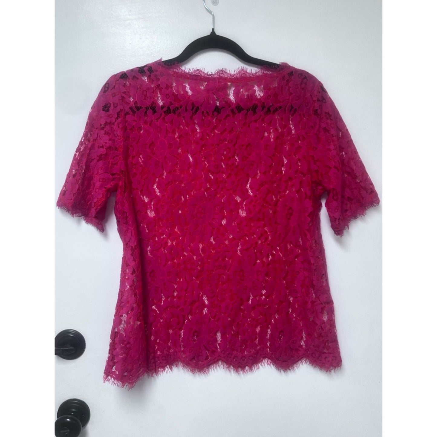 Fuchsia Floral Lace Short Sleeve Blouse - Women