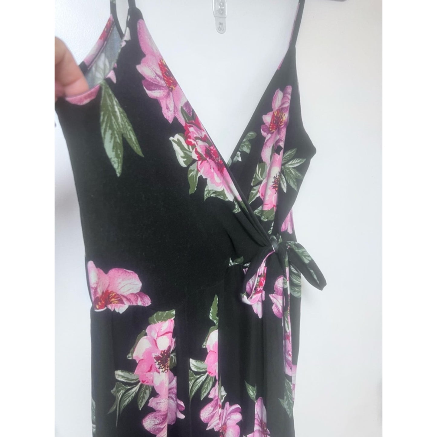 Derek Heart Black Floral Wrap Jumpsuit with Pink Flowers